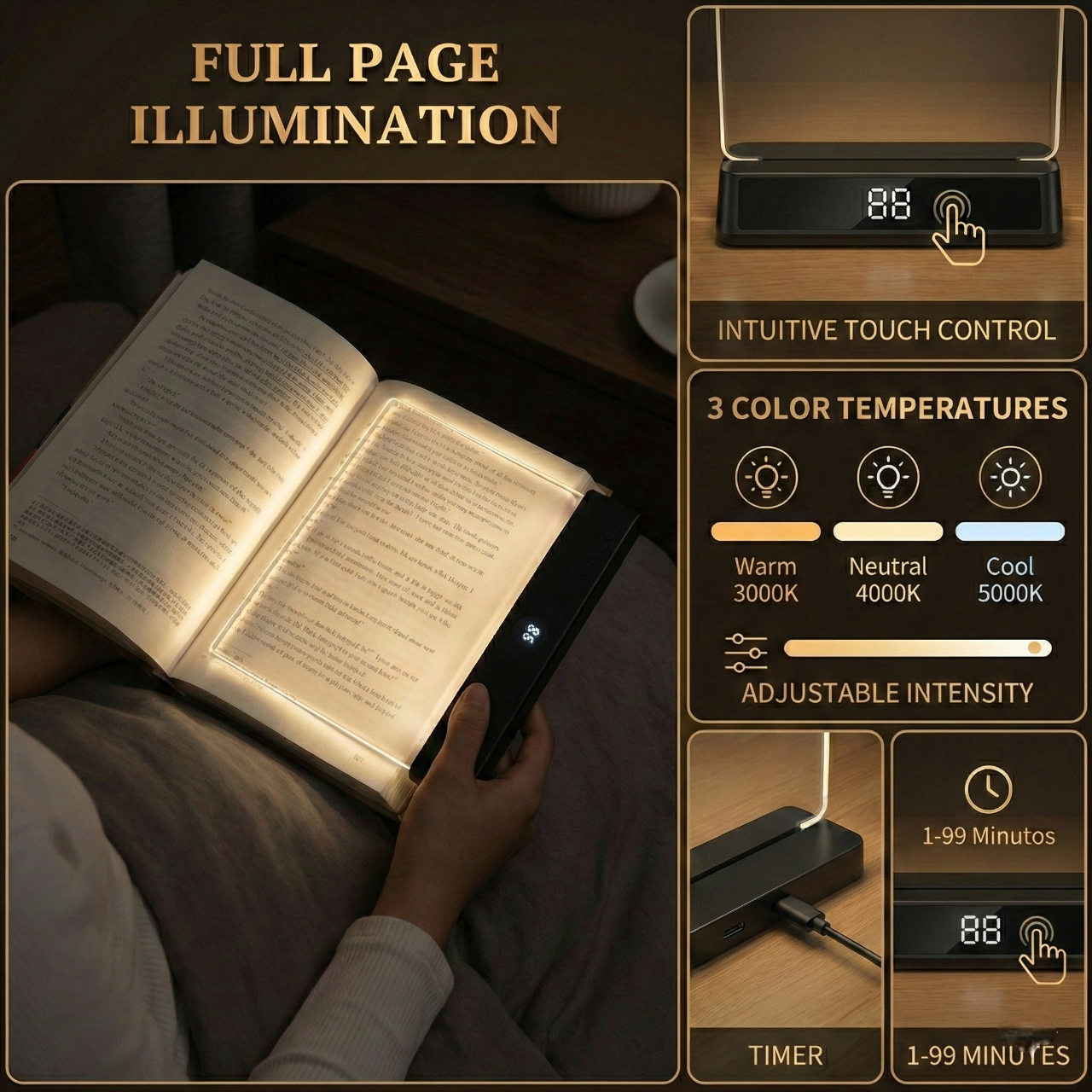 Panel LED de lectura con carga USB y Temporizador Digital