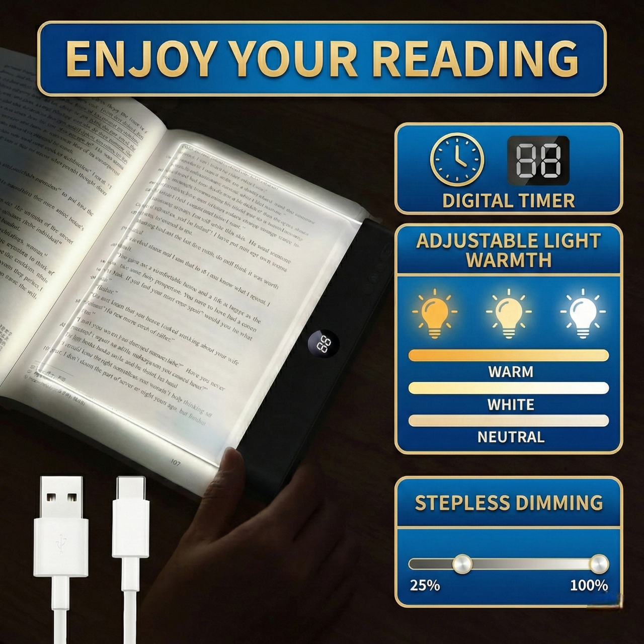 Panel LED de lectura con carga USB y Temporizador Digital